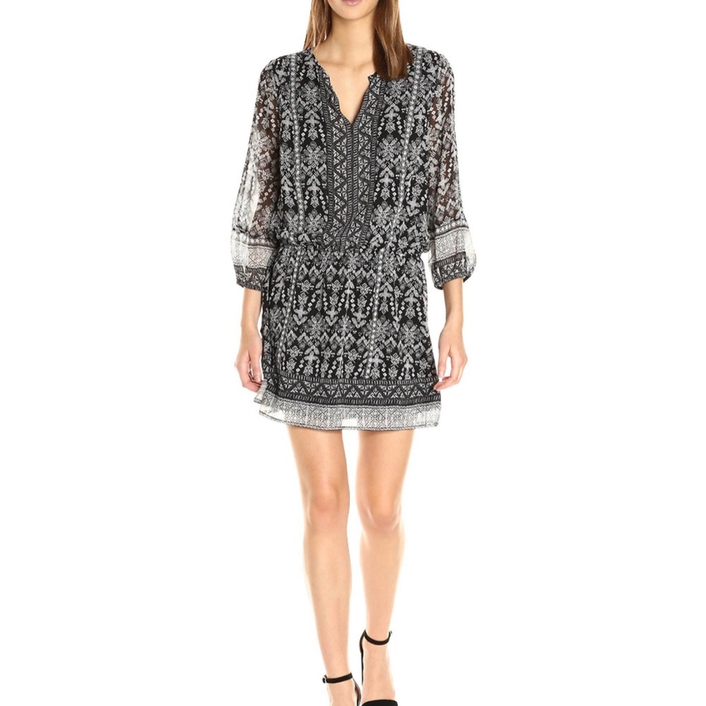 JOIE  - Black & White Silk Mini Dress 3/4  Sleeve - SZ S Excellent Condition
